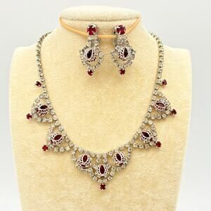 Vintage 1970s–80s Red Glass Rhinestone Formal Wear Necklace & Earring Set